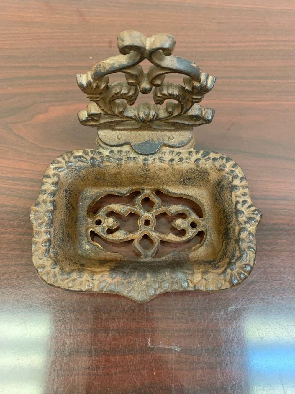 Vintage Ornate Cast Iron Soap Dish with Floral Detail and Drain